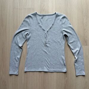 American Eagle Waffle Long Sleeve Henley T-Shirt Light Gray Women's Large